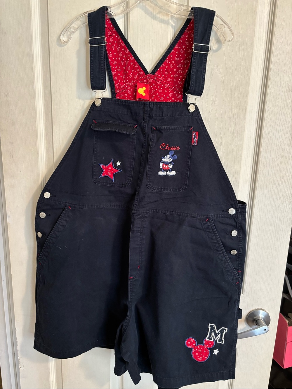 Disney Black Short Overalls with Red Bib Lining